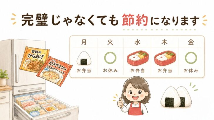 完璧じゃなくても節約になりますというメッセージと、月〜金の1週間でお弁当とお休みを組み合わせたスケジュール、冷蔵庫の冷凍食品ストックのイラスト。