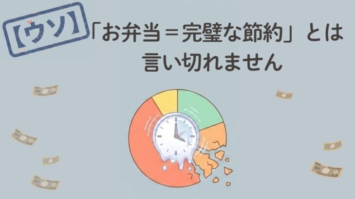 【ウソ】お弁当作りの労力は本当はタダじゃないというメッセージのアイキャッチ。溶ける時計のイラスト。