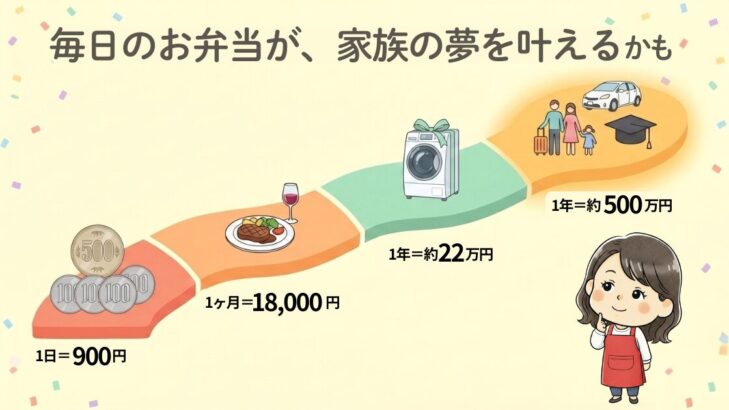 お弁当節約の累積効果図。1日900円から1ヶ月約18,000円、1年約22万円、23年で約500万円の節約金額に。