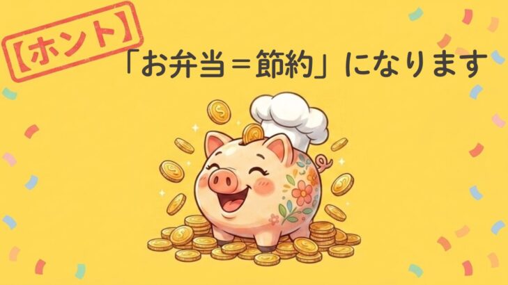 【ホント】お弁当作りの節約効果を表すアイキャッチ。コック帽をかぶった豚のキャラクターと金貨のイラスト。