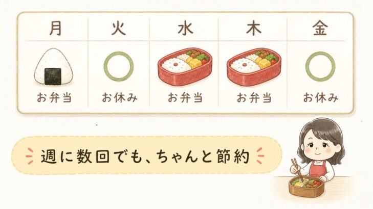 月(おにぎり)・火(休み)・水(お弁当)・木(お弁当)・金(休み)の1週間スケジュール表。週に数回でもちゃんと節約できることを示すイラスト。