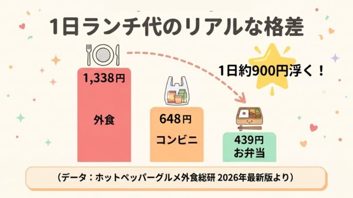 1日のランチ代比較。外食1,338円、コンビニ648円、お弁当439円。出典:ホットペッパーグルメ外食総研2026年最新版。