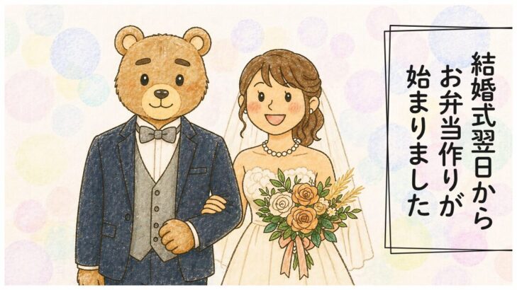 ウェディングドレスの花嫁とタキシード姿のクマの夫のイラスト。結婚式翌日からお弁当作りが始まった物語の冒頭シーン。