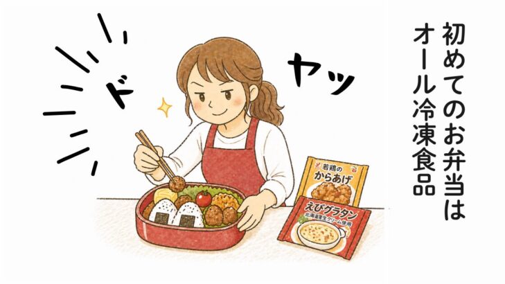 エプロン姿の主婦が冷凍食品の箱を持ちながらお弁当を作るイラスト。料理経験ゼロで初めて作ったオール冷凍食品のお弁当。