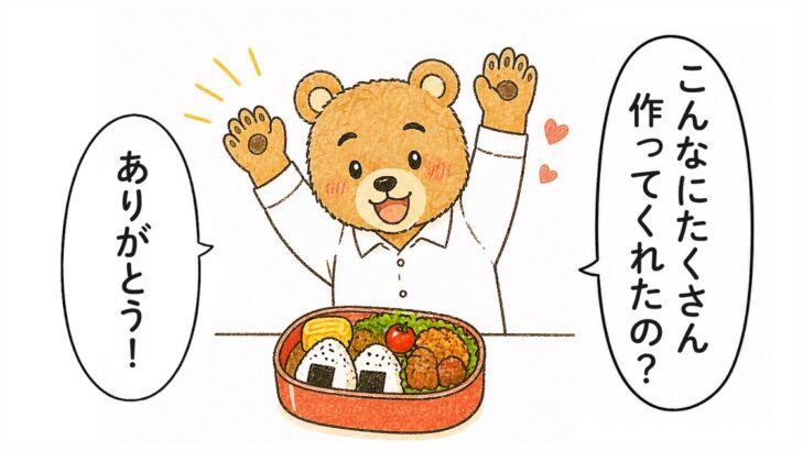 「こんなにたくさん作ってくれたの？」「ありがとう！」と喜ぶクマの夫のイラスト。冷凍食品とは知らずに全部手作りだと思った夫の反応。