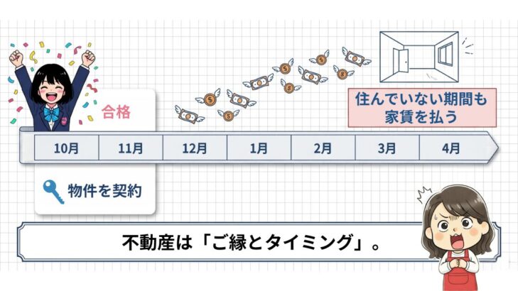 推薦合格後に秋から賃貸契約した友人が、入居までの約半年間空の部屋に家賃を払い続けたことを示すタイムライン