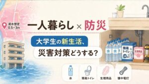 浸水エリアでひとり暮らしする娘のために、ワンルームのデッドスペースに備えた最低限の防災セット（水・簡易トイレ・生理用品・懐中電灯）