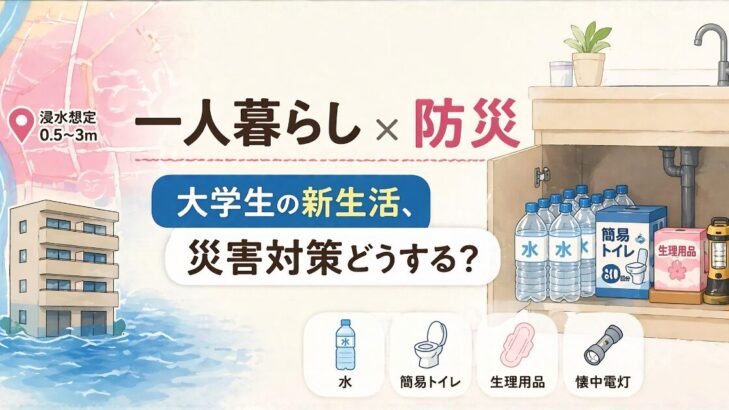浸水エリアでひとり暮らしする娘のために、ワンルームのデッドスペースに備えた最低限の防災セット（水・簡易トイレ・生理用品・懐中電灯）