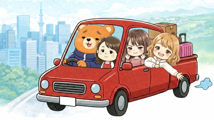 引っ越し荷物を積んだ赤い車に乗って都会へ向かう4人家族のイラスト