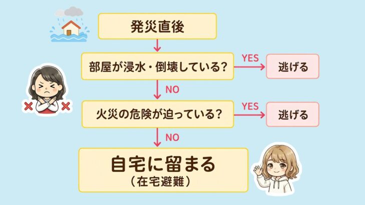 在宅避難できるかを判断するフローチャート。部屋の浸水・倒壊や火災の危険がなければ自宅に留まれる