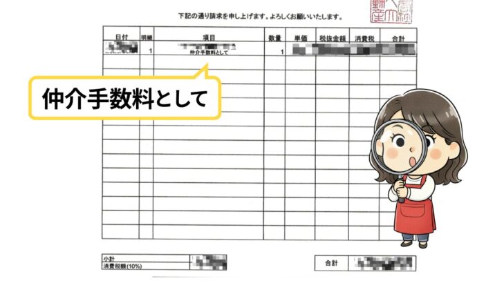 仲介手数料が1行だけの請求書とびっくりしているおかかのイラスト