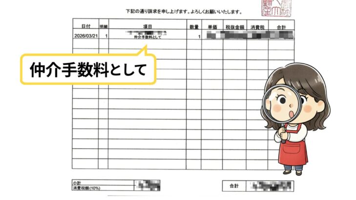 仲介手数料が1行だけの請求書とびっくりしているおかかのイラスト