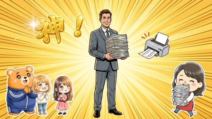 大学正門前の不動産屋さんが30件以上の物件をプリントアウトしてくれる様子。紙の山に驚く家族のイラスト