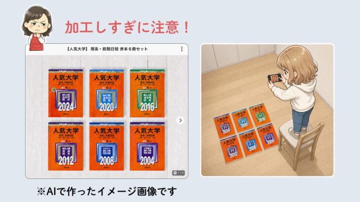 加工しすぎた商品写真の例と、写真を撮っている娘のイラスト。AIで作った、写真風の画像で説明。