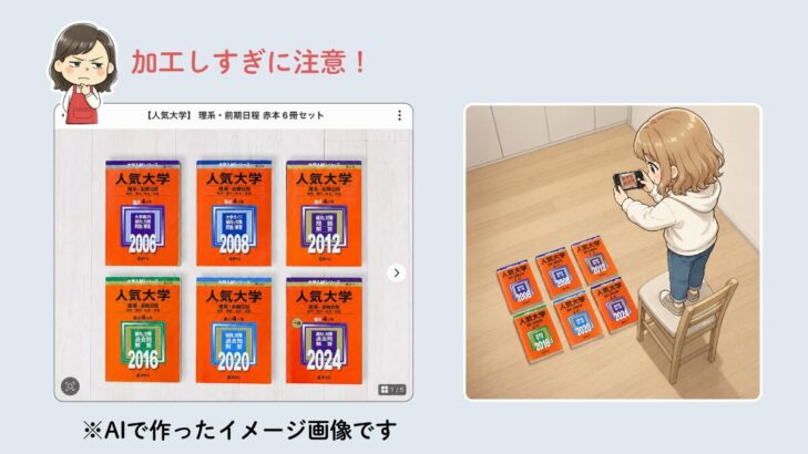 加工しすぎた商品写真の例と、写真を撮っている娘のイラスト。AIで作った、写真風の画像で説明。