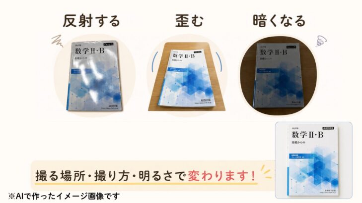 参考書で特に気をつける商品写真の撮り方の解説イラスト。AI作成のイメージ図を使っている。