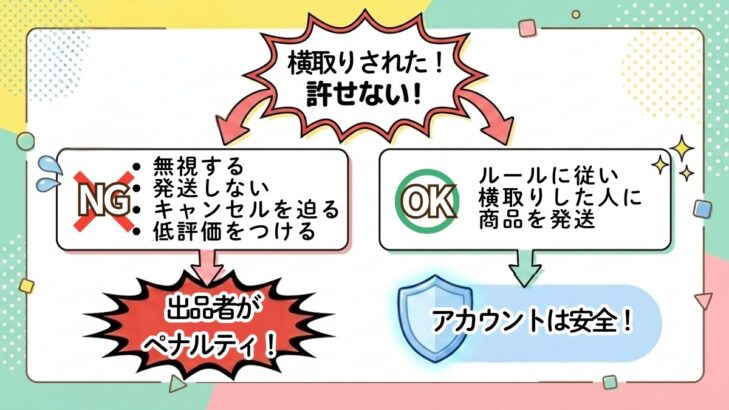 メルカリ横取り対応のNG例とOK例の比較。冷静に対応しないと出品者がペナルティを受ける可能性
