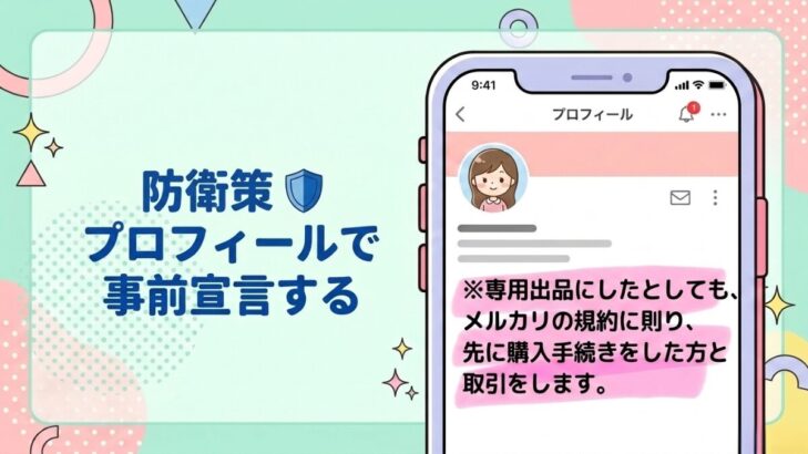 メルカリ横取りトラブルの防衛策。プロフィールで「先に購入手続きをした方と取引します」と事前宣言する