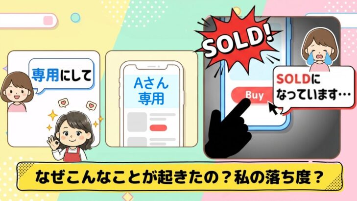 メルカリの専用出品が横取りされたシーン。Aさん専用の商品がSOLDになり、出品者が困惑