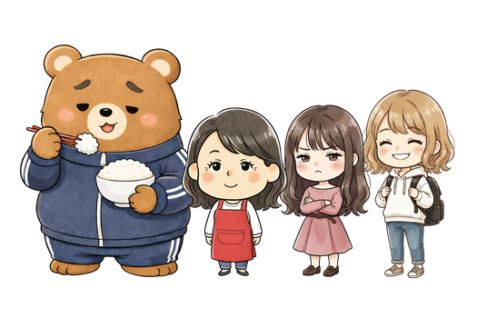 おかかのまんぷくノートのキャラクター。熊のパパとおかかさん家族のイラスト