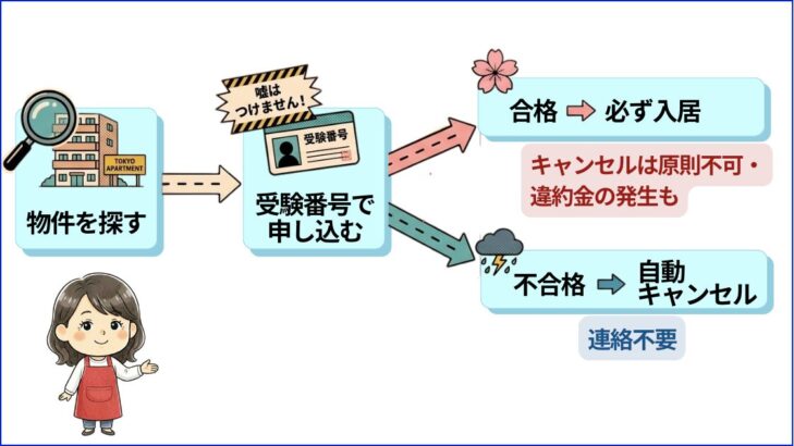 合格前予約の流れを示すフローチャート。物件探し→受験番号で申し込み→合格なら入居・不合格なら自動キャンセルの分岐を図解