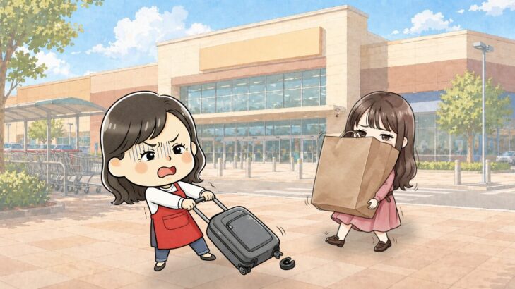 キャリーバッグを引きずる母と娘のイラスト