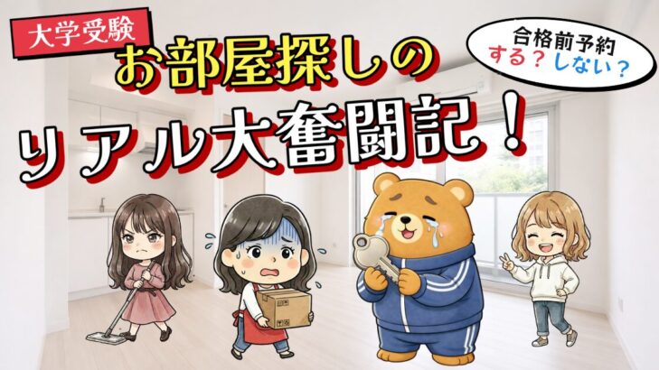 大学受験に伴うお部屋探しをテーマにしたアイキャッチ画像。「合格前予約する？しない？」の吹き出しと、引越しや新生活を連想させるイラストキャラクターが描かれている。