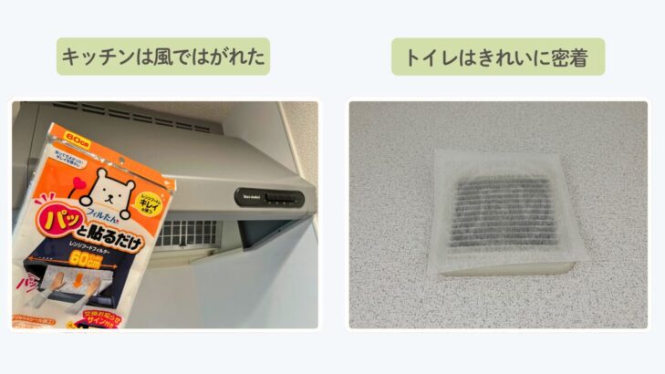 換気扇フィルターのキッチンとトイレでの結果比較