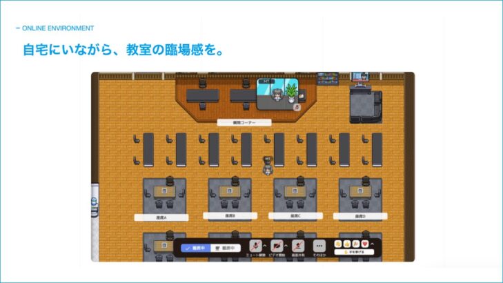 現論会オンライン受講のMetaLife画面イメージ。2Dマップ型のバーチャル空間に生徒のアバターが配置され、全国の仲間と一緒に勉強できる教室の雰囲気