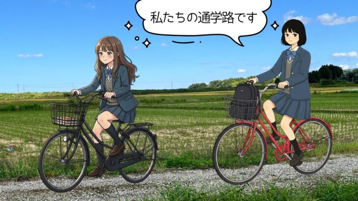 田んぼに囲まれた田舎道を自転車で通学する女子高生2人。「私たちの通学路です」の吹き出し付き