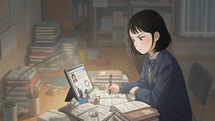 夜の自室で、タブレットと参考書を開き、自分のペースで集中して勉強する女子高生