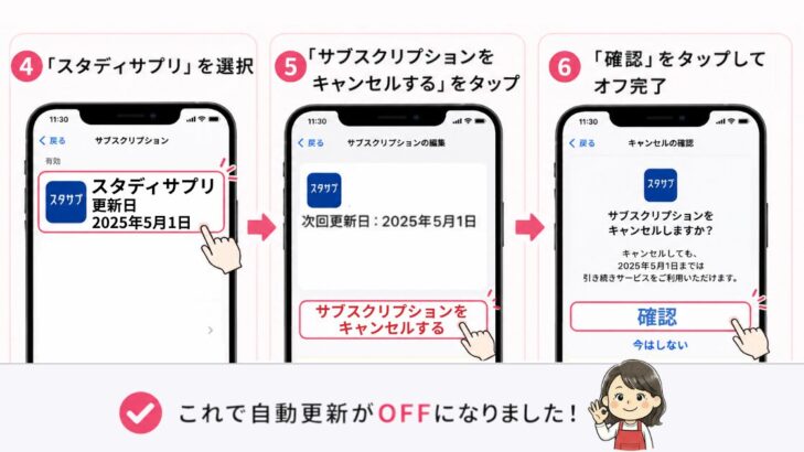 App Storeでスタサプの自動更新をオフにする方法(iPhone)④スタディサプリ選択→⑤キャンセル→⑥確認