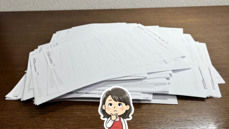 家庭用プリンタで印刷し、整理する前のバラバラのスタサプテキストの山の写真と母のイラスト