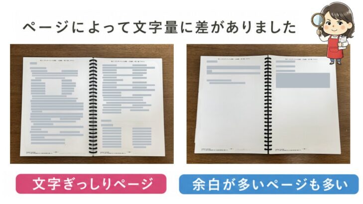 印刷したスタサプテキストの文字量比較。左は文字ぎっしりのページ、右は余白が多いページで、ページによって印字率に差がある