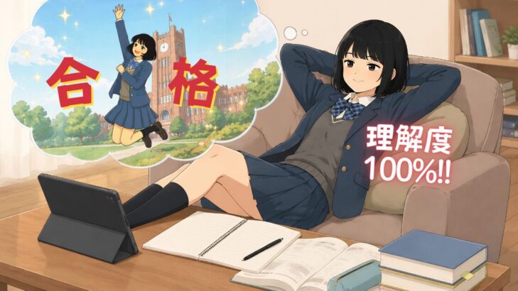 ソファでくつろぎながらタブレットでスタディサプリを学習する女子高生。「理解度100%！」と自信に満ちた表情で、想像の中では大学合格してジャンプしているイラスト