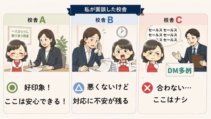 私が面談した3校舎の比較イラスト：校舎Aは安心できる、校舎Bは対応に不安が残る、校舎Cはセールスが多くDMもしつこい