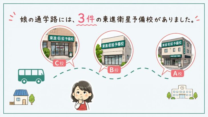 娘の通学路に並ぶ3件の東進衛星予備校（A校・B校・C校）の位置関係を示すイラスト（管理人作成）