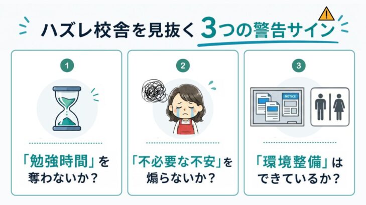 ハズレ校舎を見抜く3つの警告サイン：①勉強時間を奪わないか ②不必要な不安を煽らないか ③環境整備できているか