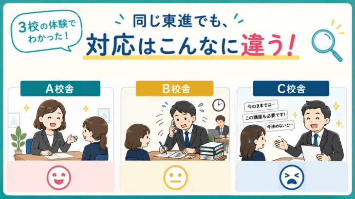 校の体験でわかった！同じ東進でも対応はこんなに違う…A・B・C校舎の比較イラスト