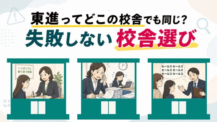 「東進ってどこの校舎でも同じ？失敗しない校舎選び」3校舎の雰囲気の違いを比較するアイキャッチ画像