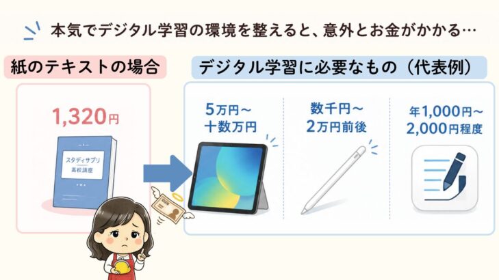 紙のテキスト1,320円とデジタル学習の費用比較:タブレット5万円〜十数万円、タッチペン数千円〜2万円前後、PDF管理アプリ年1,000円〜2,000円前後
