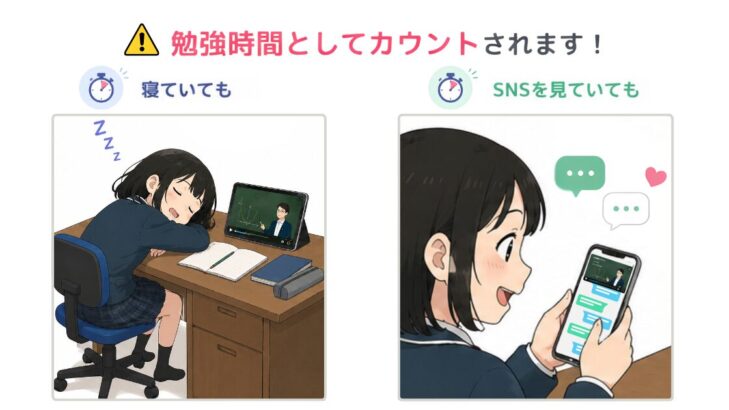机で寝ていても、スマホでSNSを見ていても、スタディサプリの動画再生時間が勉強時間としてカウントされてしまう様子のイラスト
