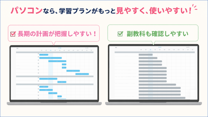 スタサプの学習プランはパソコンで見ると、長期の計画を把握しやすく副教科も確認しやすい