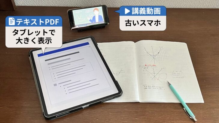 テキストPDFをタブレットで大きく表示し、講義動画は古いスマホで見る我が家の学習スタイル