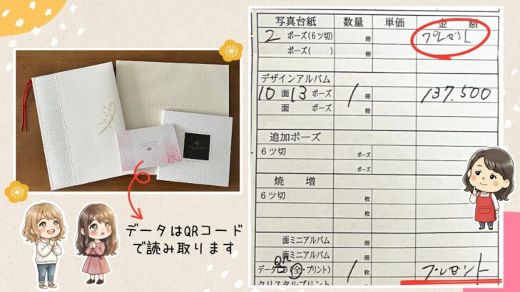 前撮りアルバムの実物と注文書。デザインアルバム10面13ポーズで137,500円、台紙2ポーズと写真データはプレゼントだった