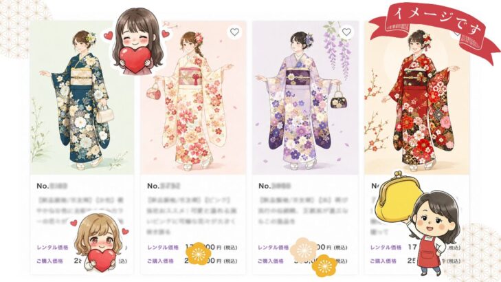 公式サイトの振袖カタログのイメージイラスト。デザインごとにレンタル価格と購入価格が載っていて、下調べに便利