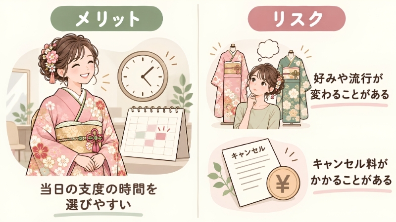 振袖を早く決めるメリットとリスク。メリットは当日の支度の時間を選びやすい、リスクは好みや流行の変化とキャンセル料