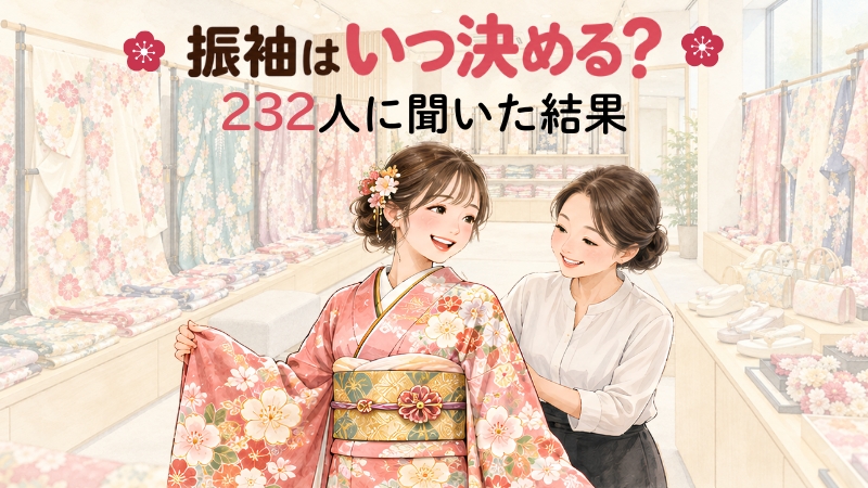 振袖はいつ決める？232人に聞いた結果。振袖売り場で試着する娘と見守る母親のイラスト