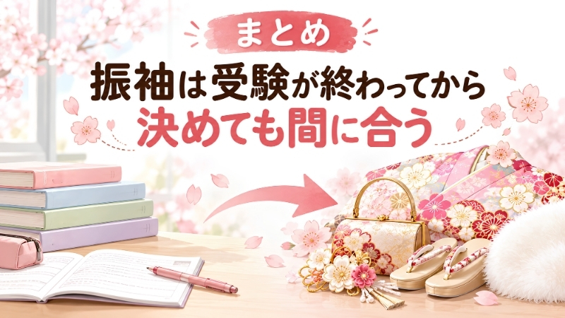 まとめ。振袖は受験が終わってから決めても間に合う。参考書から振袖と小物へ向かう矢印のイラスト