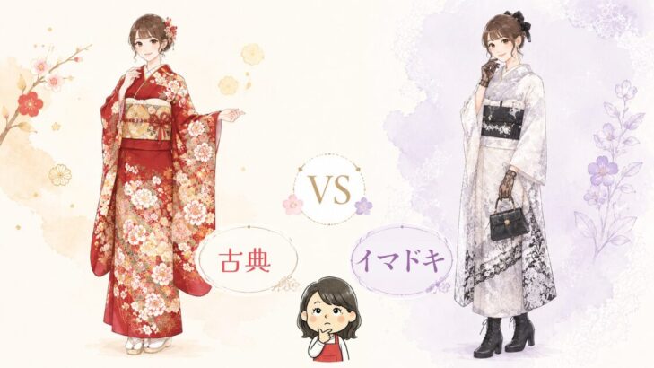古典柄の赤い振袖と、レースやブーツを合わせたイマドキ振袖の比較イラスト。親子で好みが分かれることも